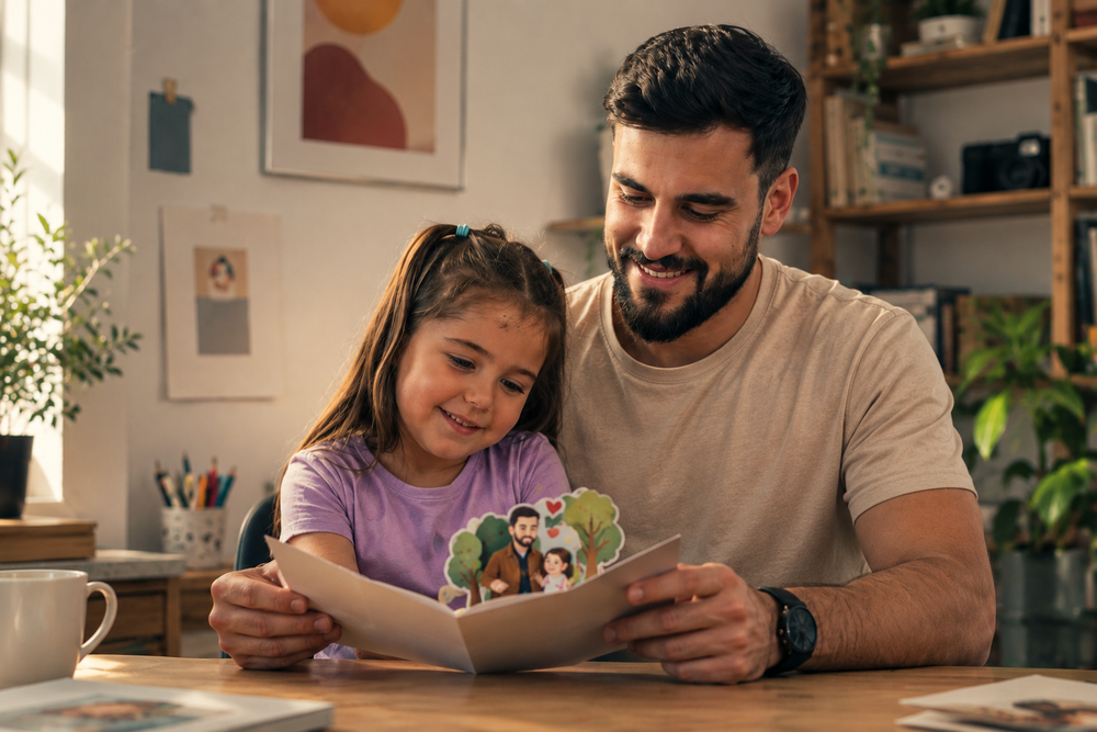 Happy person opening a personalized 3D-style card